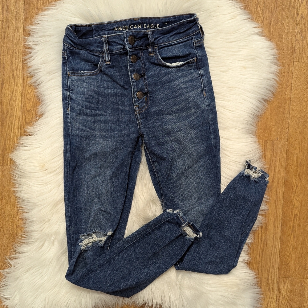 American Eagle Distressed Hi Rise Jegging Crop Button Fly Dark Wash